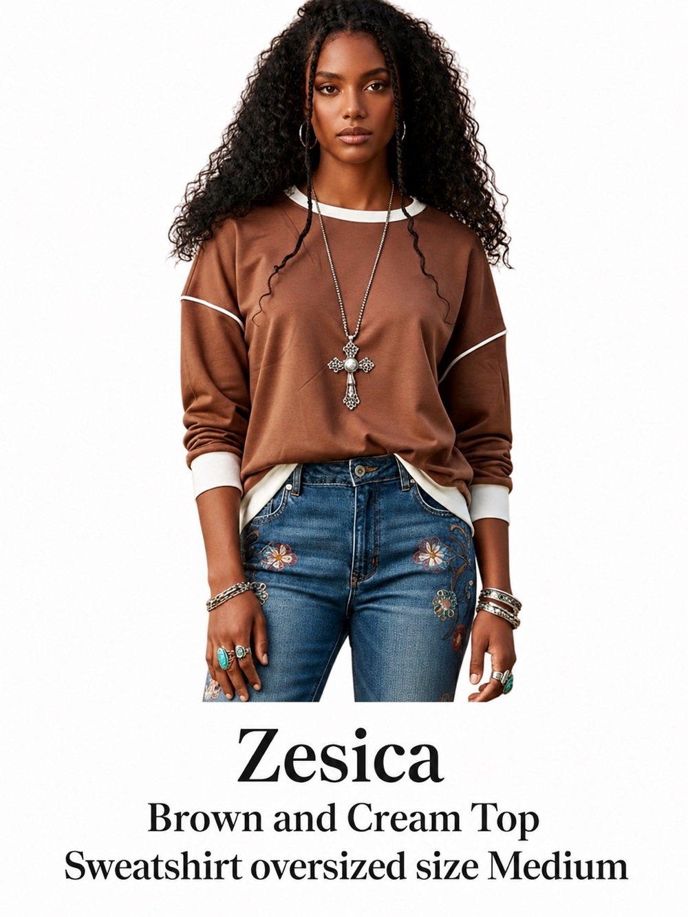 Zesica Brown and cream Top Sweatshirt oversized size Medium Oversized